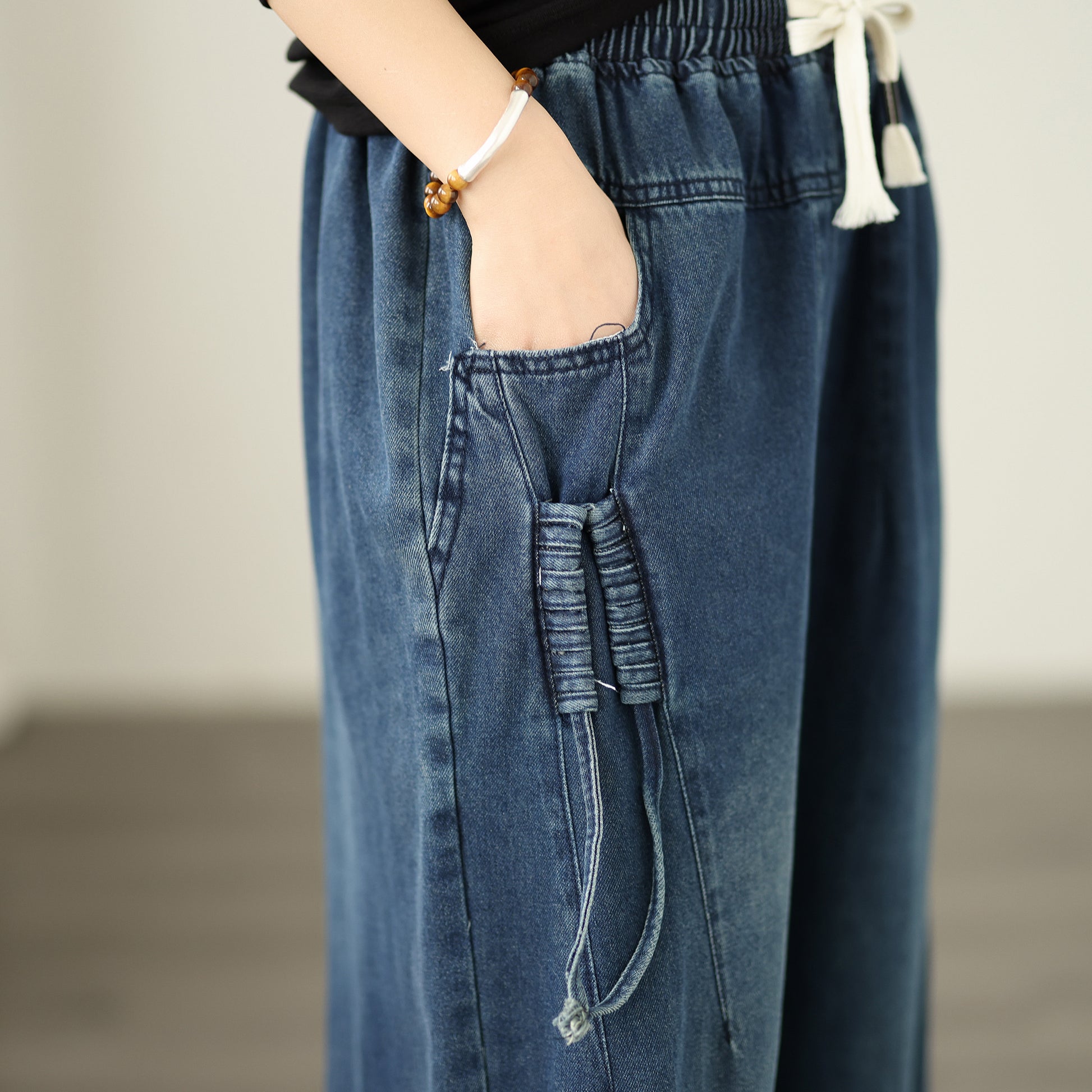 Jeans for Women Wide Leg Pull On Elastic Waist Denim - LAI MENG FIVE CATS