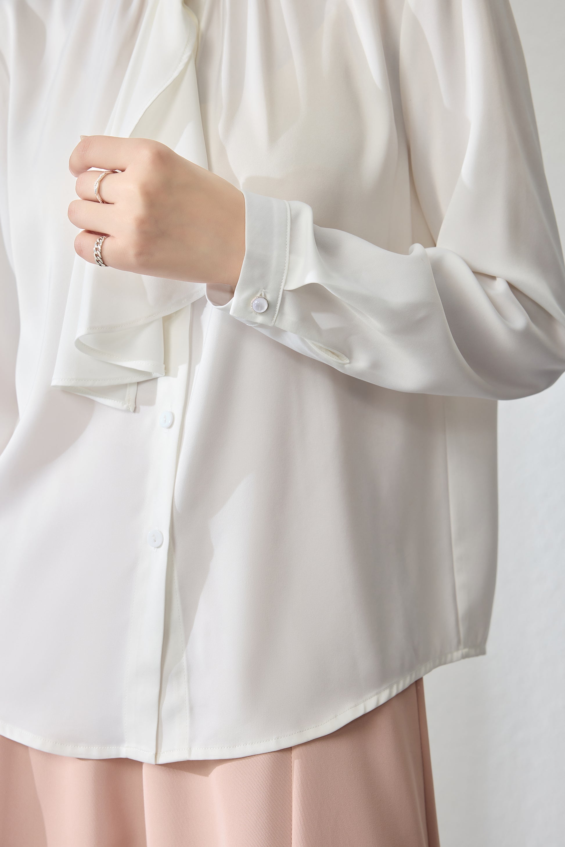 Women's Ruffle Shirt Tie Neck Long Sleeve Blouse - LAI MENG FIVE CATS