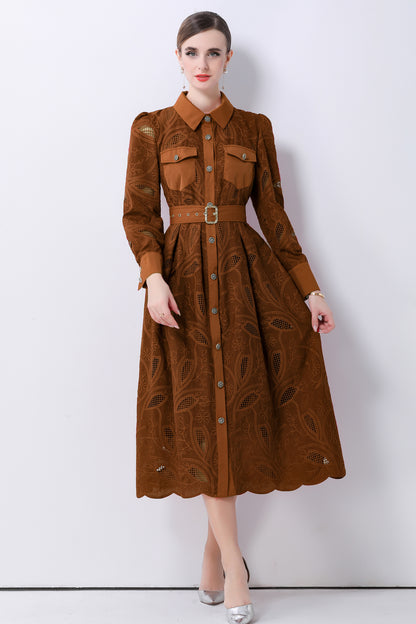 Women's Embroidery Hollow Out Lace Midi Dress - LAI MENG FIVE CATS