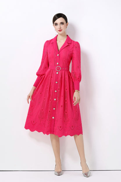 Women's Puff Sleeve Lace Hollow Out Midi Dress