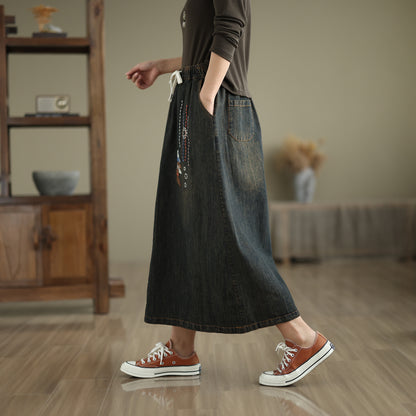 Women's Denim Drawstring Waist Pockets Jean Skirt