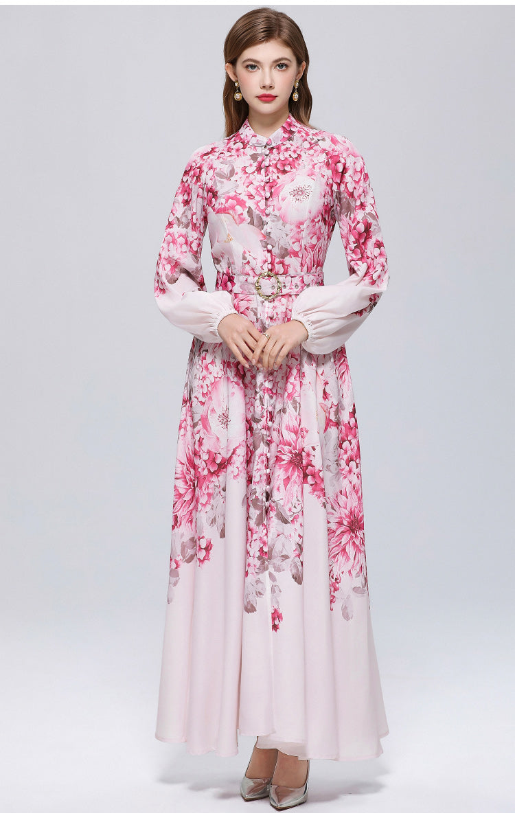 Women's Lantern Sleeve Floral Print Button Maxi Dress With Belts