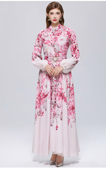 Women's Lantern Sleeve Floral Print Button Maxi Dress With Belts