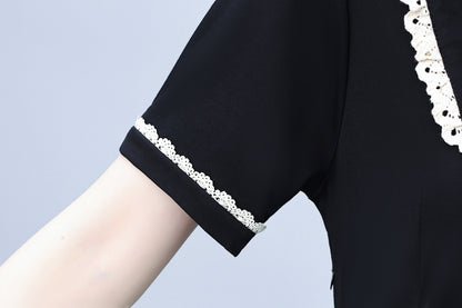 Women's Peter Pan Collar Short Sleeve Pocket Midi Dress - LAI MENG FIVE CATS