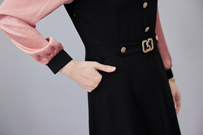 Women's Lapel V-Neck Pocket Long Sleeve Black Dress