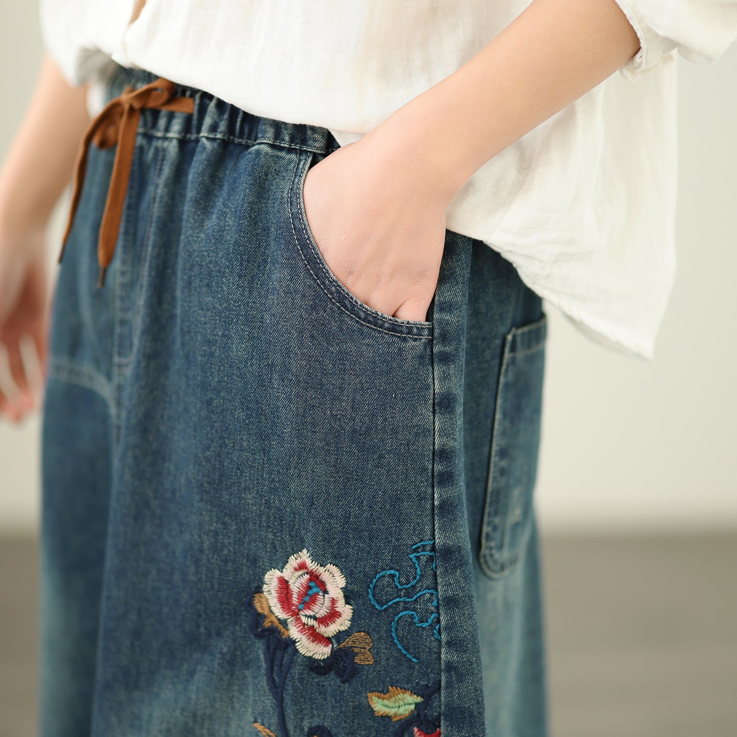 Women's Denim Drawstring Waist Pockets Jean Skirt