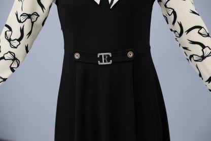 Women's Elegant Tie Neck Long Sleeve Black Dress - LAI MENG FIVE CATS