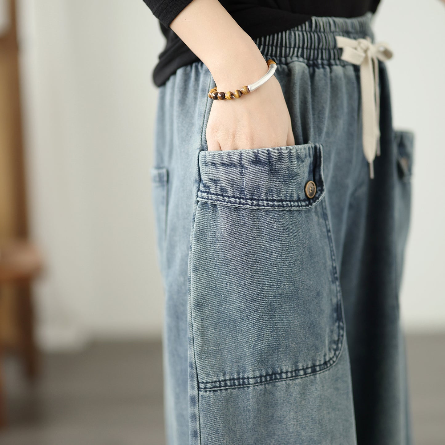 Jeans for Women Wide Leg Pull On Elastic Waist Denim - LAI MENG FIVE CATS