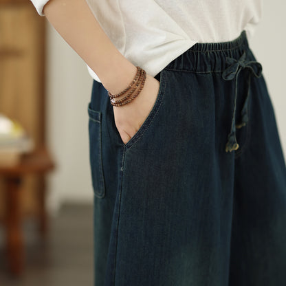 Women's Baggy Jeans Embroidery Elastic Waist Denim Pants