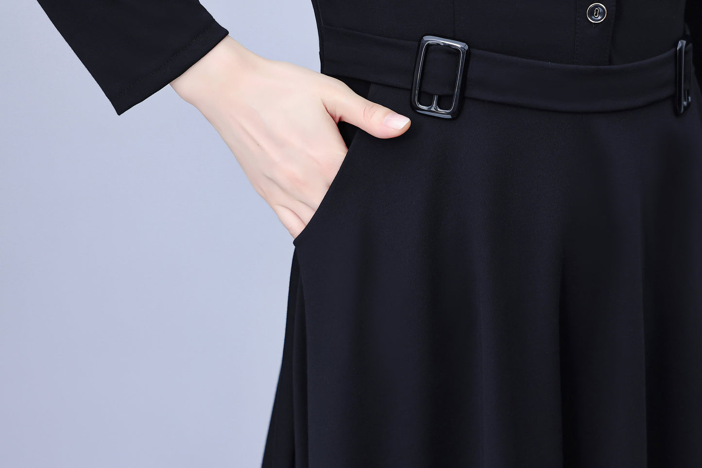 Women's V-Neck with Pockets Long Sleeve Black Dress