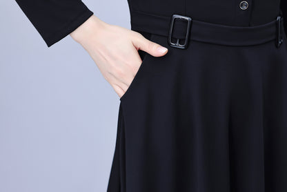 Women's V-Neck with Pockets Long Sleeve Black Dress