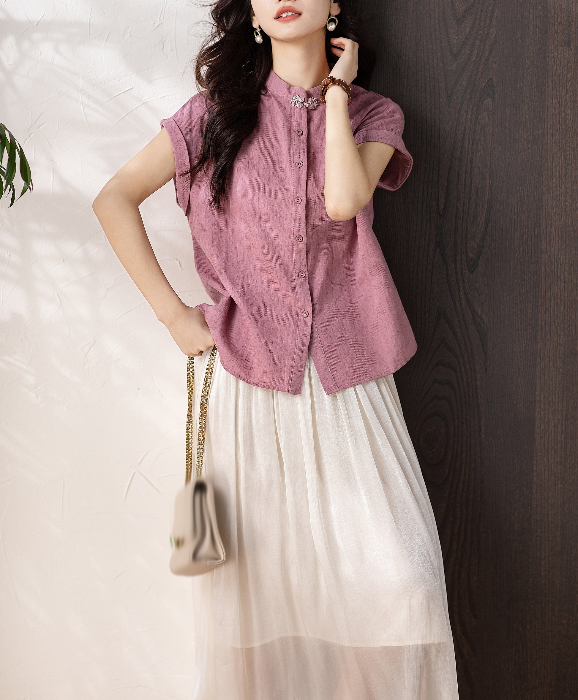 Women's Button Cap Sleeve Mandarin Collar Blouse Top - LAI MENG FIVE CATS