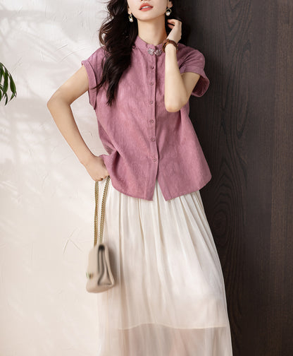 Women's Button Cap Sleeve Mandarin Collar Blouse Top - LAI MENG FIVE CATS