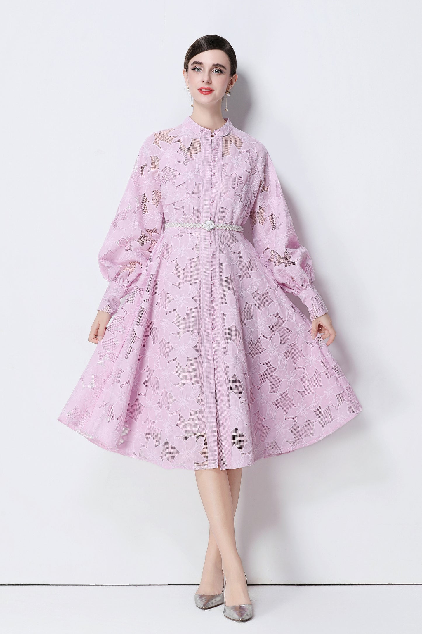 Women's Long Sleeve Eyelet Embroidery Button Midi Dress
