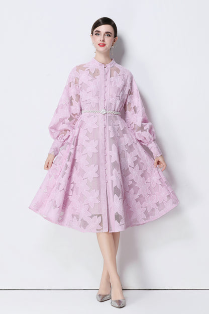 Women's Long Sleeve Eyelet Embroidery Button Midi Dress