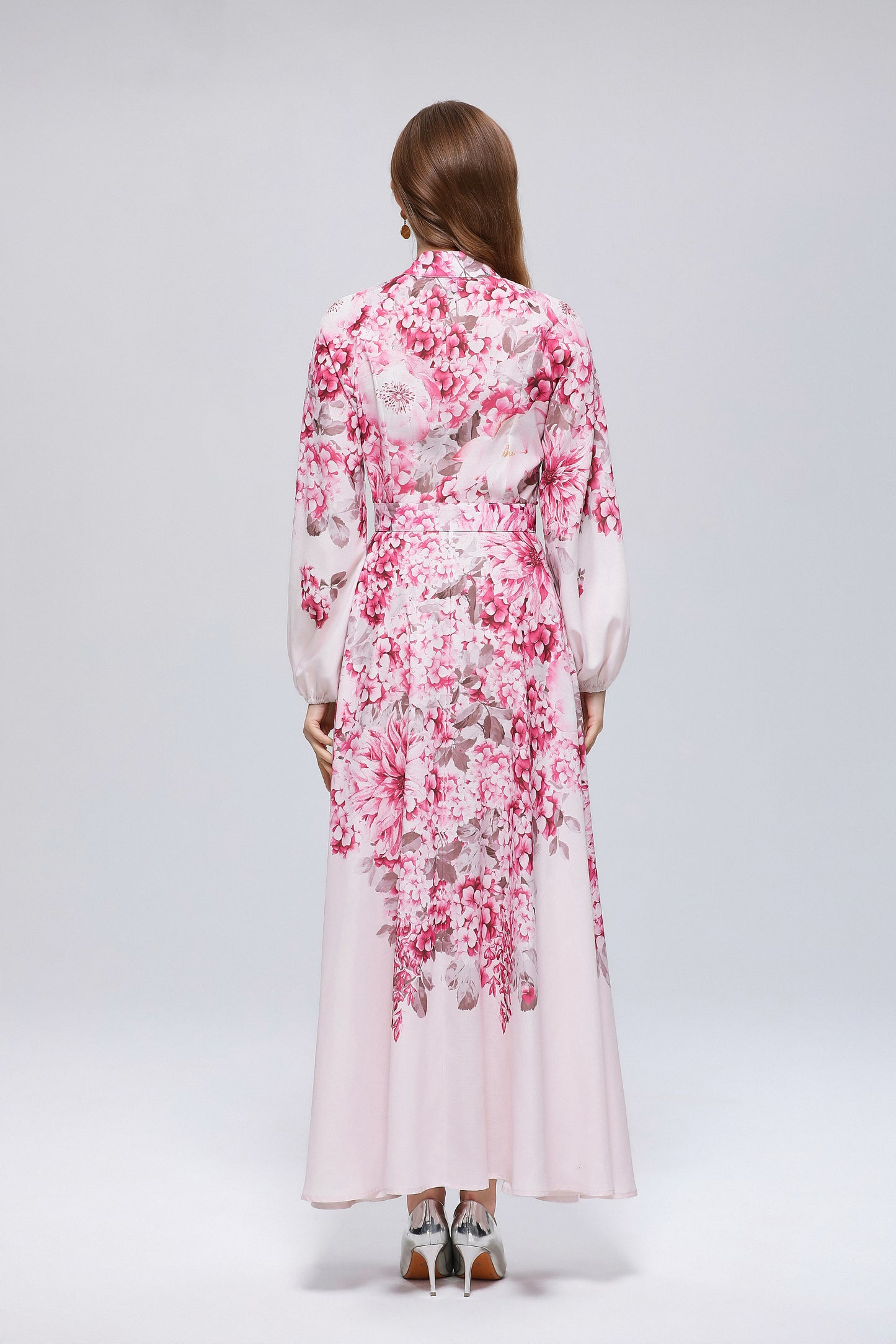 26-Women Floral Print Button Flowy Maxi Belt Dress