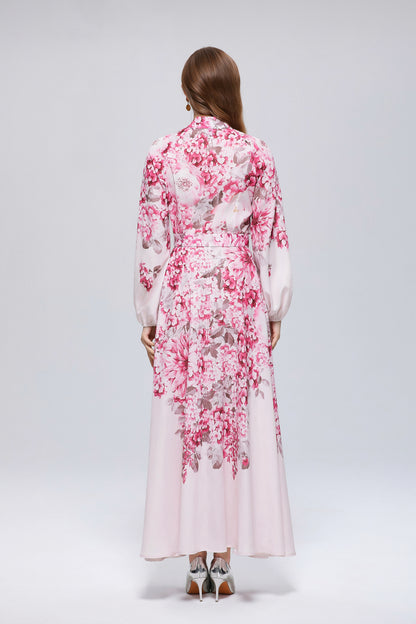 26-Women Floral Print Button Flowy Maxi Belt Dress