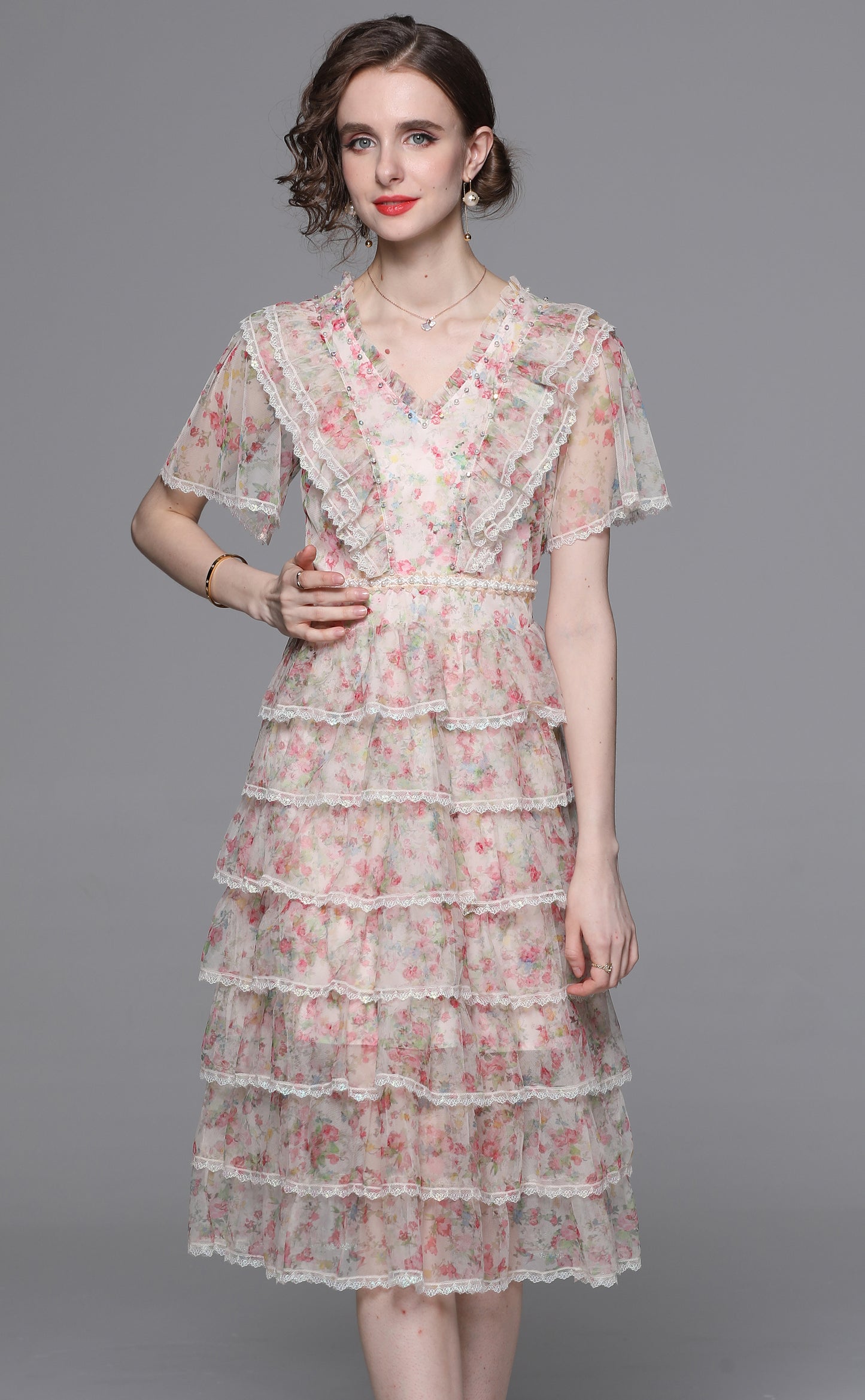 Romantic Floral Lace Trim Midi Dress