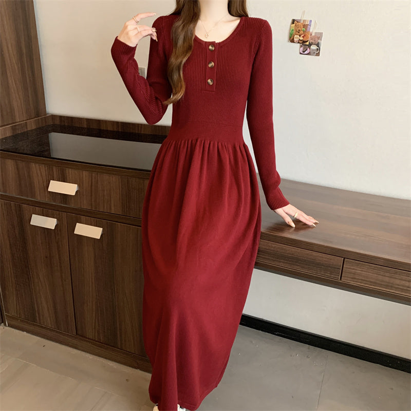 Women's Long Sleeve Button A Line Ribbed Knit Maxi Dress