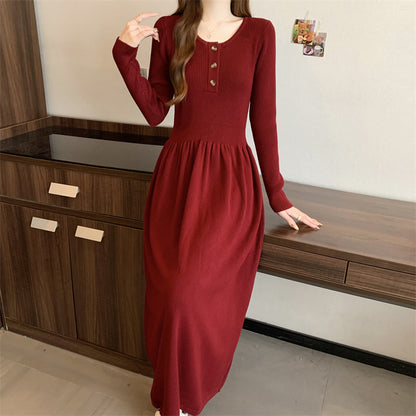 Women's Long Sleeve Button A Line Ribbed Knit Maxi Dress