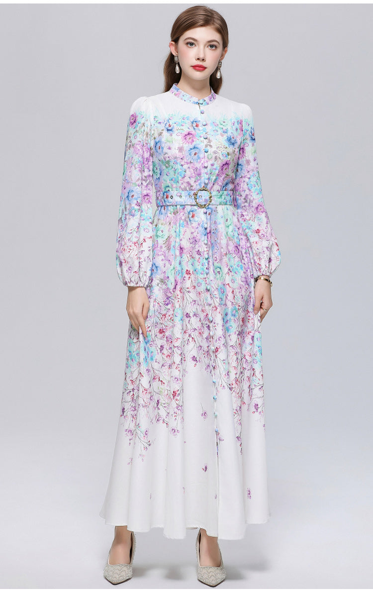 Women's Lantern Sleeve Floral Print Button Maxi Dress With Belts