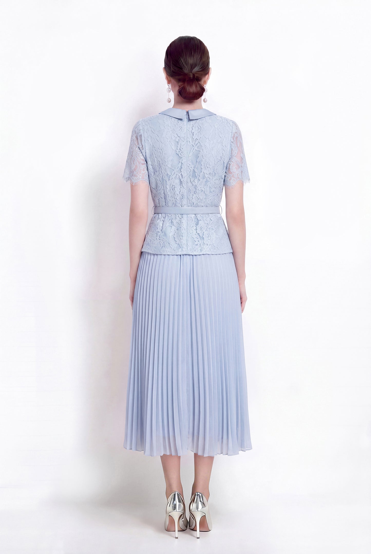 Lace Pleated Midi Dress | Elegant Collared Belted Dress for Women
