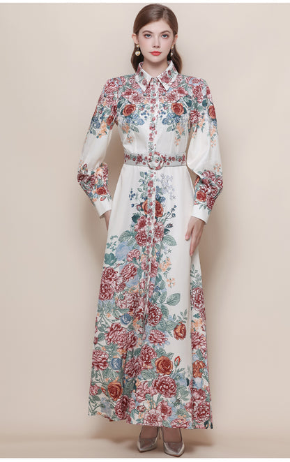 Women's Floral Print Button Maxi Dress With Belts