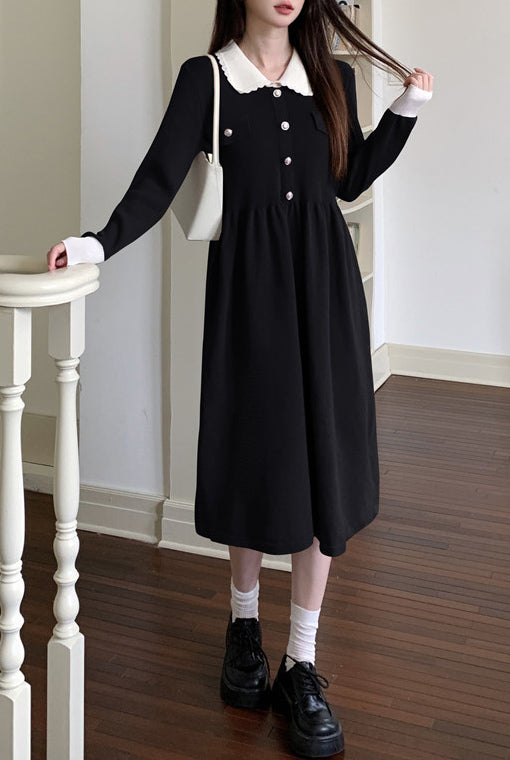 Women's Peter Pan Collar Ribbed Knit Sweater Midi Dress