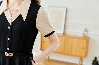 26-Women's Lapel V-Neck  Pockets Midi Dress - LAI MENG FIVE CATS
