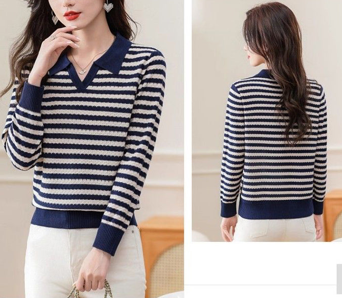 Women's Striped Sweater Lapel Ribbed Pullover Knit