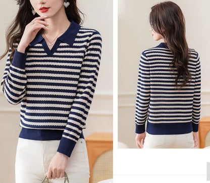 Women's Striped Sweater Lapel Ribbed Pullover Knit
