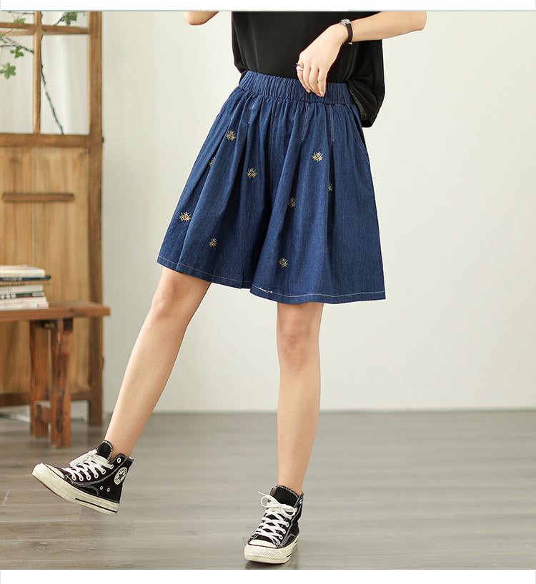 Women's High Waisted Baggy Jean Wide Leg Denim Shorts - LAI MENG FIVE CATS