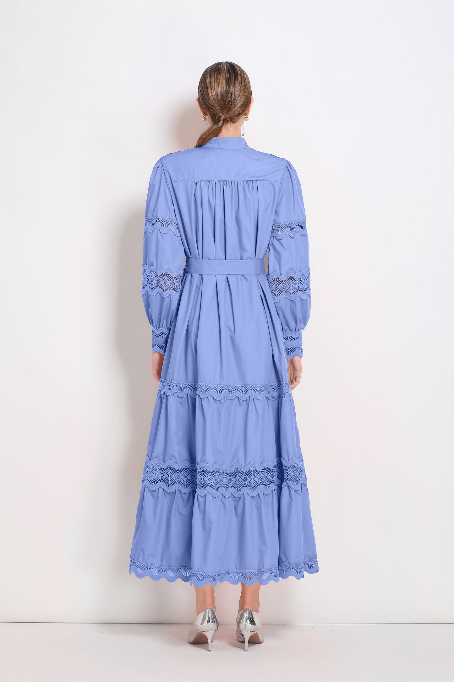 Women's V-Neck Puff Sleeve Lace Tiered Maxi Dress