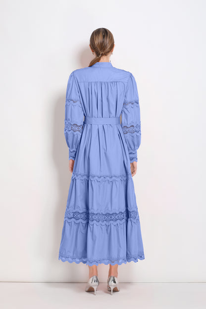 Women's V-Neck Puff Sleeve Lace Tiered Maxi Dress