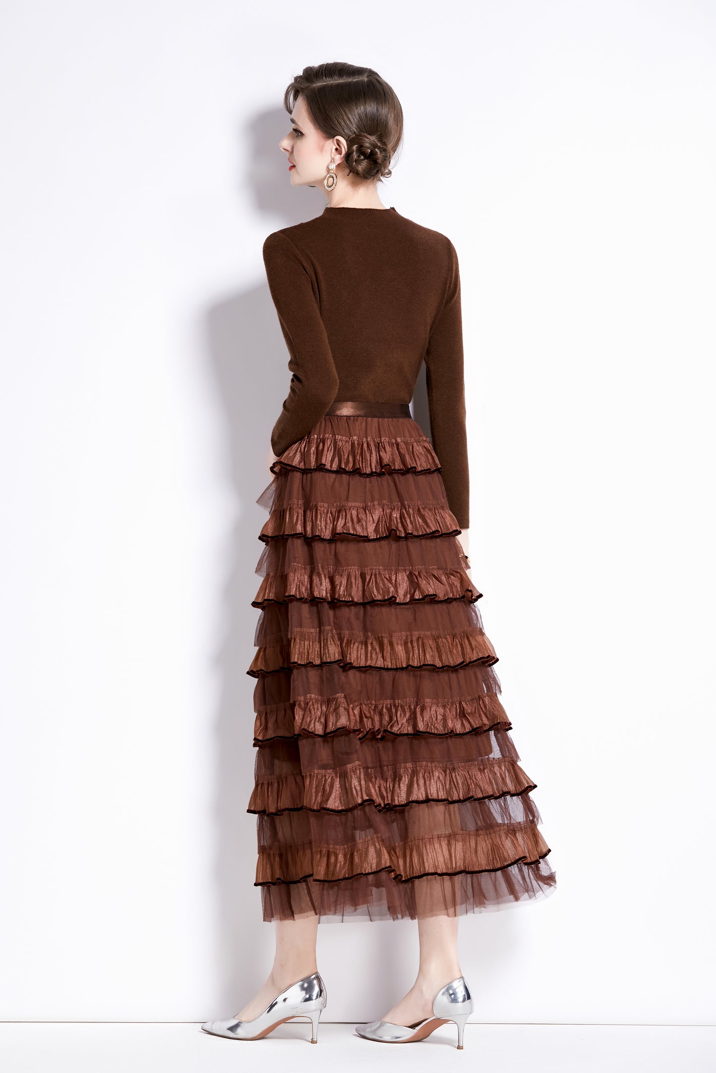 Women's 2 Piece Skirt Set Knit Top Ruffle Layered Skirt