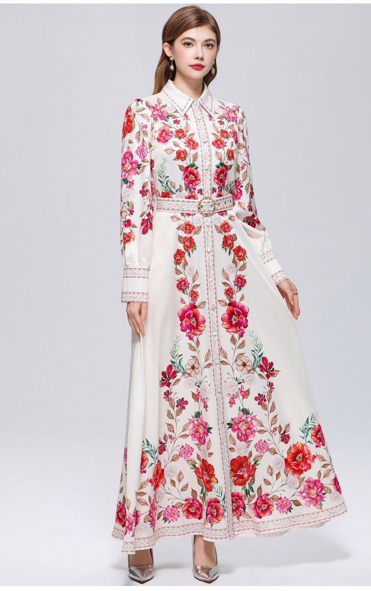 Women's Floral Print Button Maxi Dress With Belts