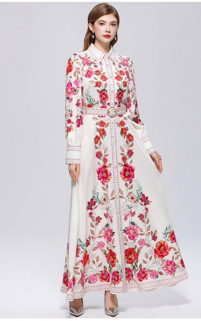 Women's Floral Print Button Maxi Dress With Belts