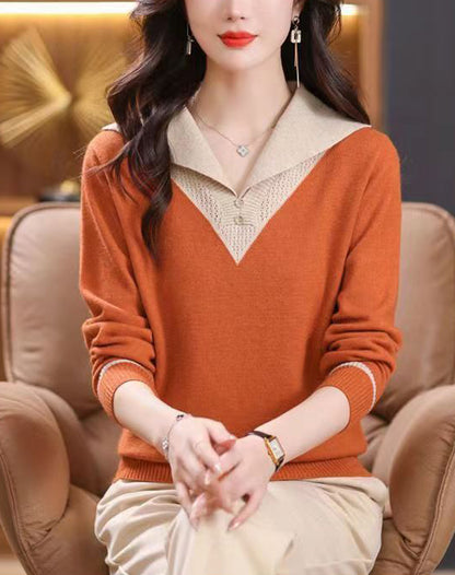 Chic Contrast Collar Knit Sweater - Elegant V-Neck Pullover