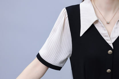 Women's Lapel V-Neck Pocket Short Sleeve Midi Dress - LAI MENG FIVE CATS
