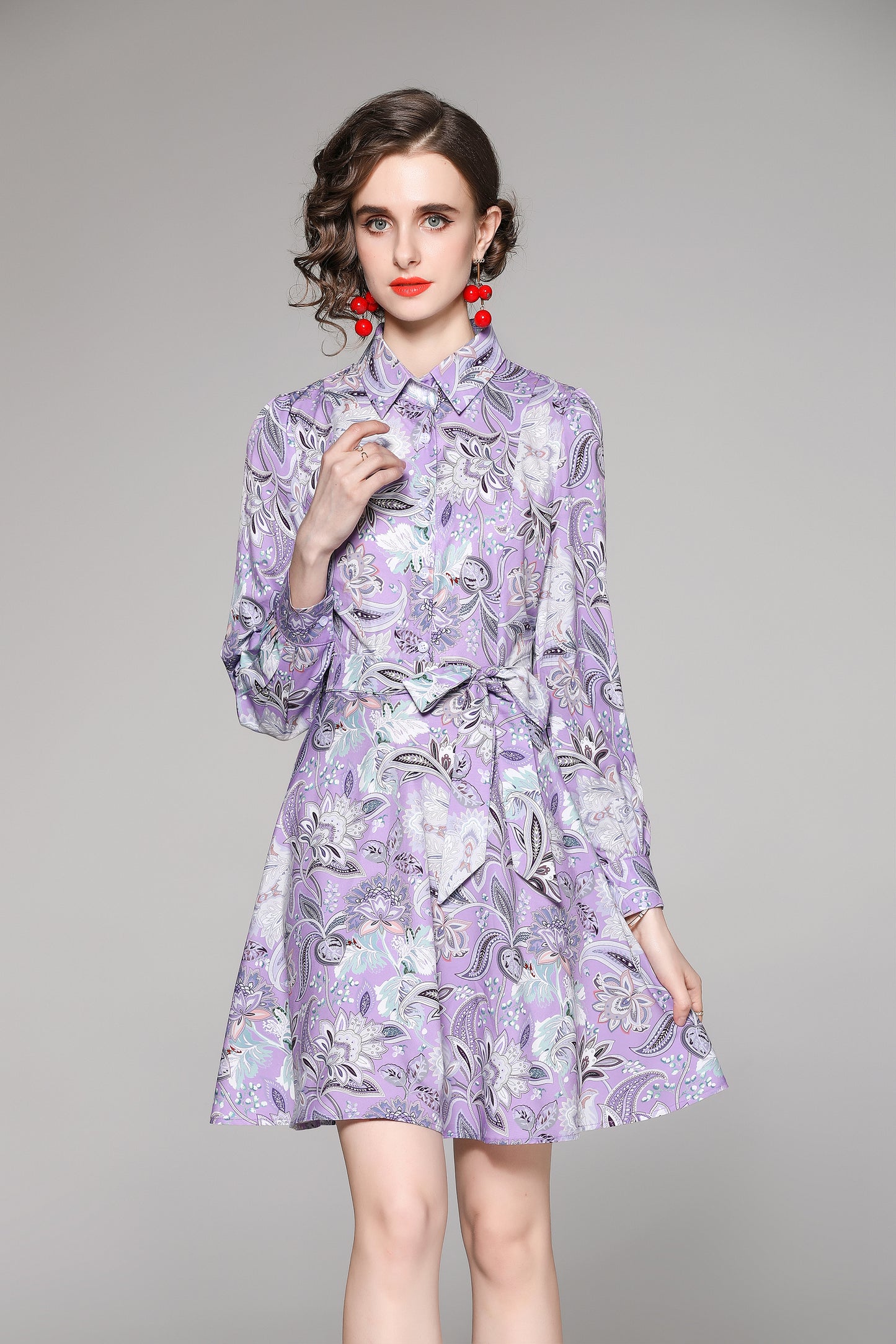 SSY-Women's Long Sleeve Lapel Collar Floral Mini Dress