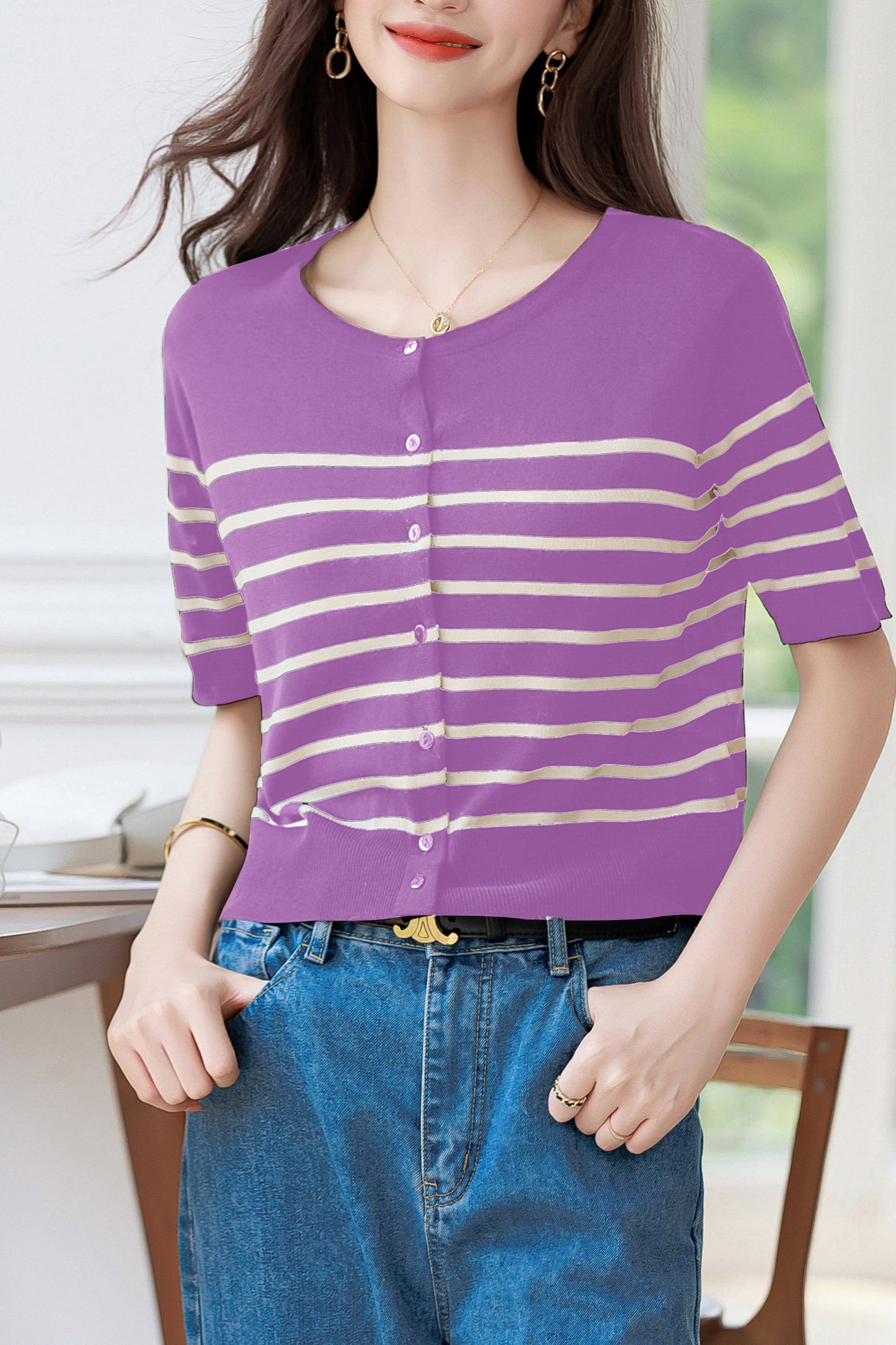 Women's Stripes Short Sleeve Knit Cardigan Tops