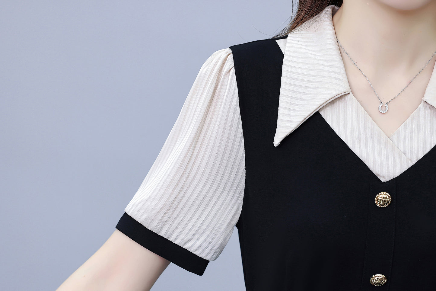 Women's Lapel V-Neck Pocket Short Sleeve Midi Dress - LAI MENG FIVE CATS