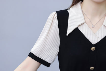 Women's Lapel V-Neck Pocket Short Sleeve Midi Dress - LAI MENG FIVE CATS