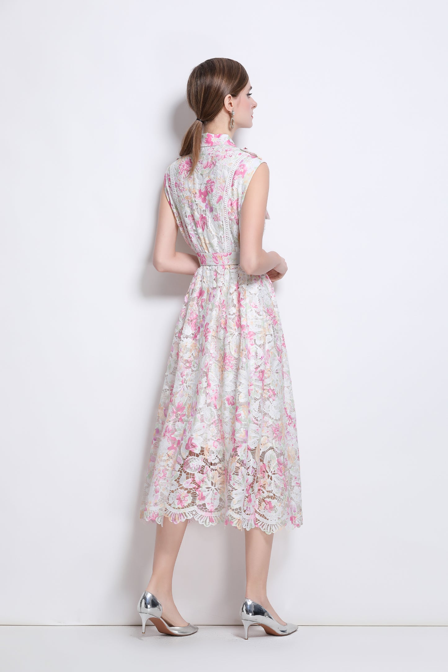 Blush Pink Floral Lace Midi Dress with Belt – Elegant Garden Wedding Guest Dress