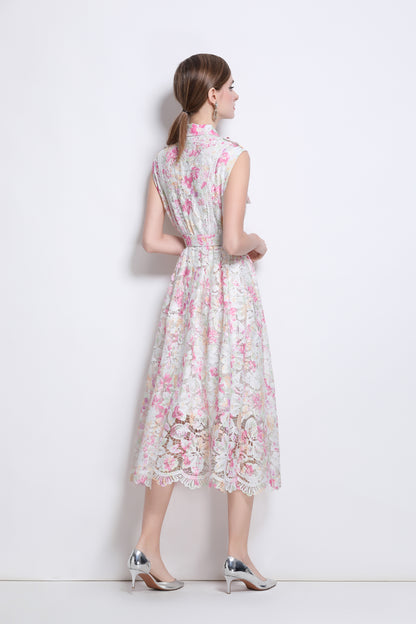 Blush Pink Floral Lace Midi Dress with Belt – Elegant Garden Wedding Guest Dress