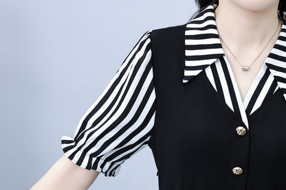Women's Lapel V-Neck Pocket Short Sleeve Midi Dress - LAI MENG FIVE CATS