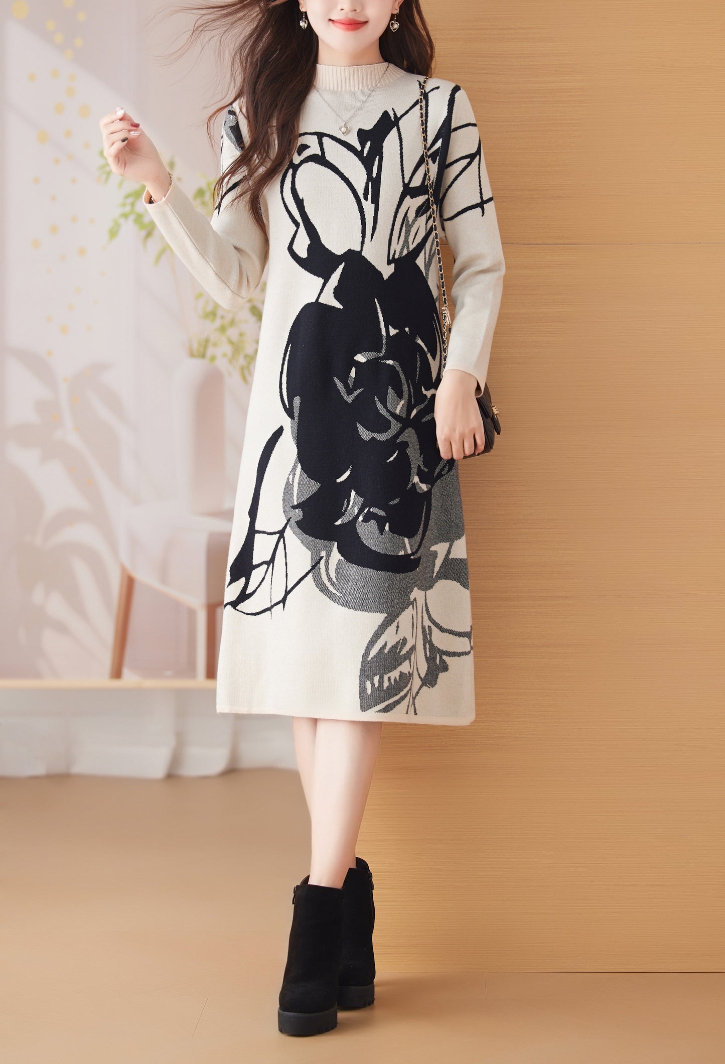 Women's Turtleneck Print Pullover Sweater Midi Dress