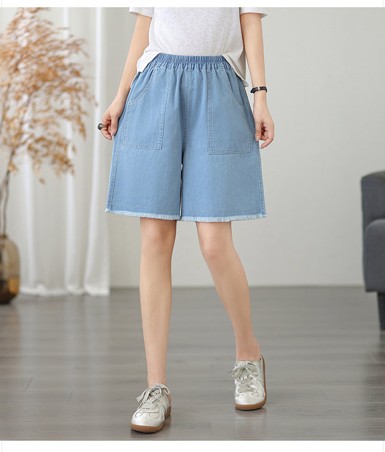 Women's High Waisted Baggy Jean Wide Leg Denim Shorts - LAI MENG FIVE CATS