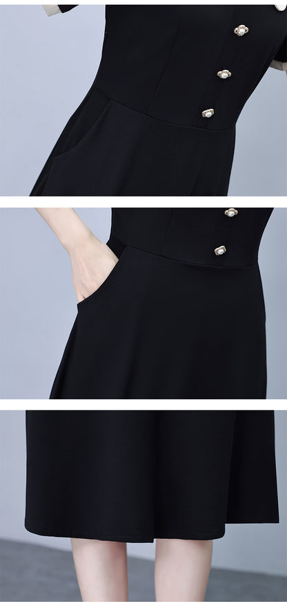 Women's Peter Pan Collar Short Sleeve Pocket Midi Dress - LAI MENG FIVE CATS