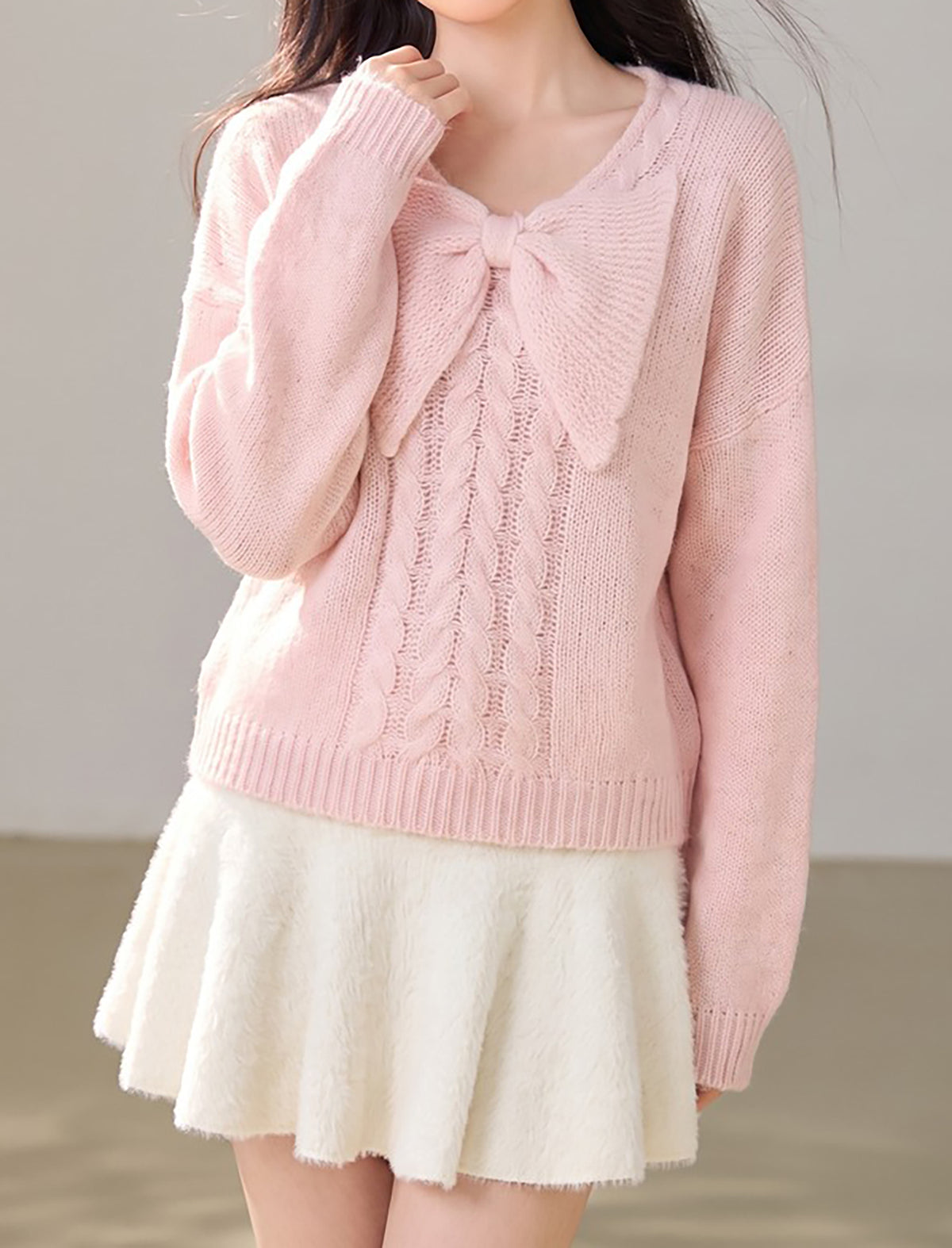 28731 Bow Detail Cable Knit Sweater – Pink & Apricot